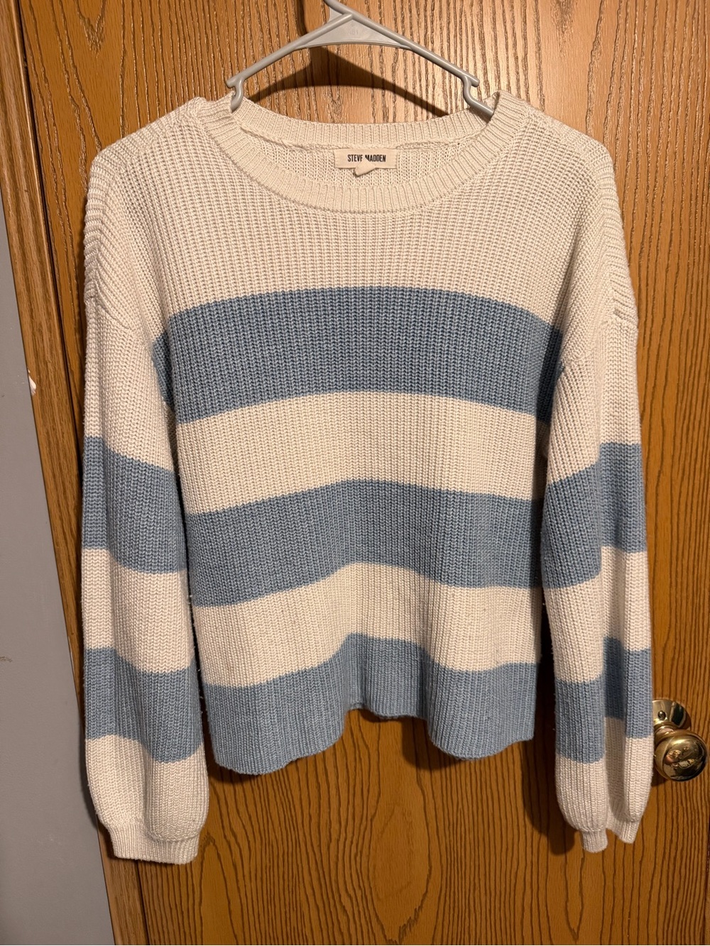 Steve Madden Cream and Light Blue Wide-Stripe Crewneck Sweater